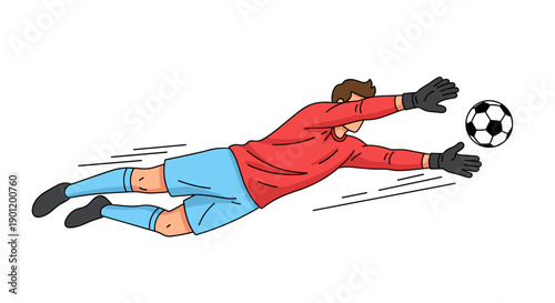 Dynamic illustration of a soccer goalkeeper diving horizontally to catch a ball showcasing athletic action and intense focus with blurred motion lines
