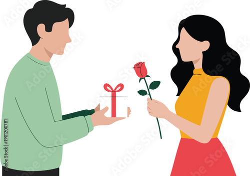 Valentine Gift Exchange Outline Illustration Romantic February 14 Celebration