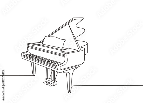 A continuous line drawing depicts a grand piano in a minimalist style