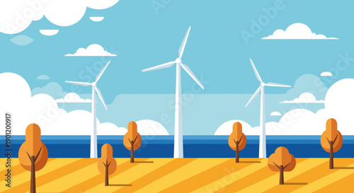 Sustainable energy landscape with white wind turbines generating clean power in a field under a blue sky with fluffy clouds surrounded by golden autumn