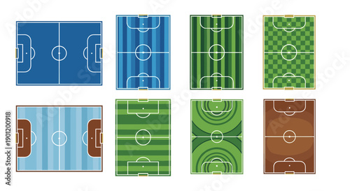 Collection of diverse stylized soccer football and futsal field top down views with various patterns and color schemes showcasing sport game layouts