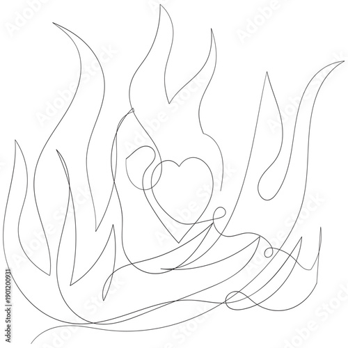 continuous line drawing love heart on fire illustration