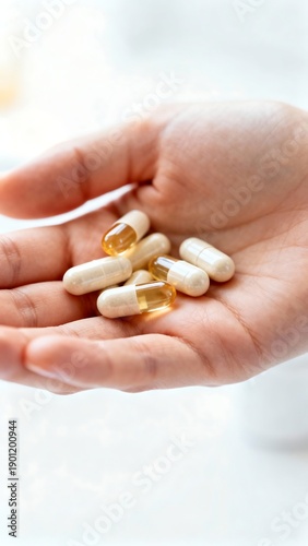 Generative AI Illustration of Hand Holding Various Supplements for Health.