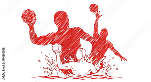 Dynamic water polo players in action splashing water throwing ball intense competition stylized red sketch art representing teamwork athleticism
