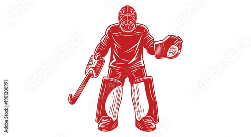 Goalkeeper standing ready with stick in hand full protective gear athletic stance red color scheme isolated on white background dynamic sports