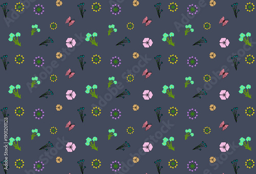 Whimsical floral pattern with butterflies and wildflowers on dark grey background