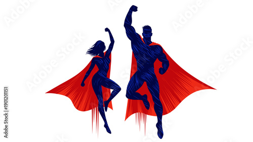 Dynamic duo of diverse superheroes a man and a woman silhouetted in vibrant blue against a pure white background soaring upwards with powerful