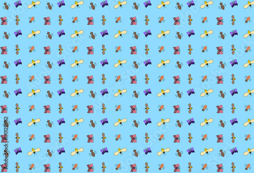 Seamless pattern with colorful cartoon insects and bugs on blue background