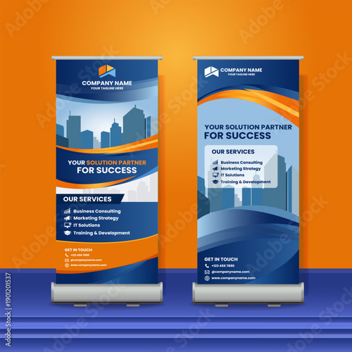 Professional business roll-up banner template with city skyline. Corporate vertical signage for consulting, IT solutions, and marketing services in modern blue and orange colors.