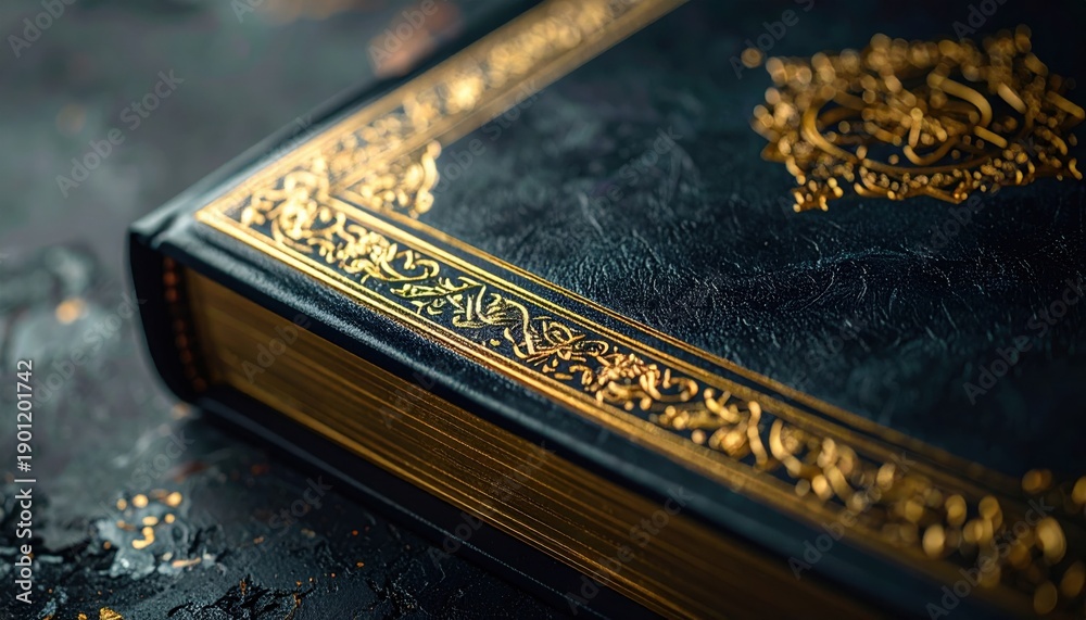 Fototapeta premium Antique Black Leather Bound Book With Ornate Gold Gilded Edges And Intricate Embellishments On A Dark Textured Surface