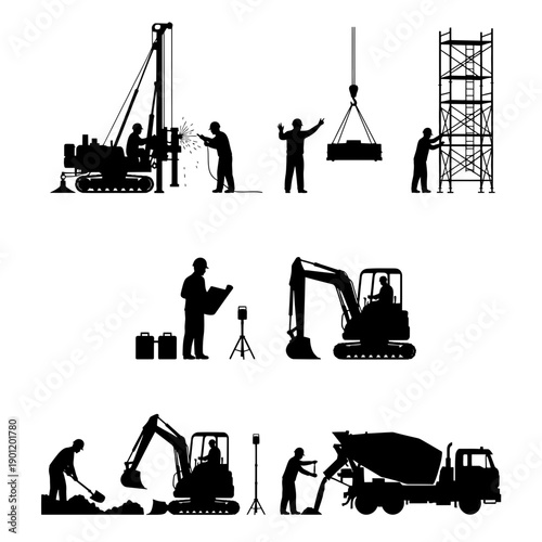 Construction workers utilizing various heavy machinery and equipment at a site