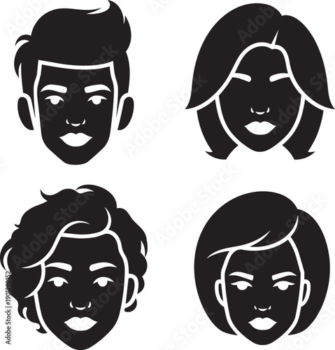 Illustration of diverse faces showcasing various hairstyles and facial features from different individuals in a simple, black-and-white graphic style