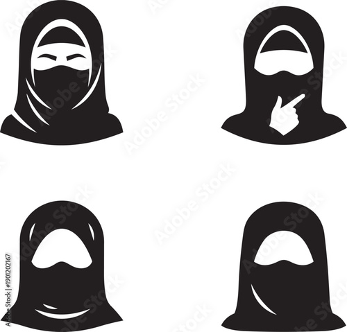 Silhouette images of women wearing various styles of headscarves and face coverings are depicted from different viewpoints