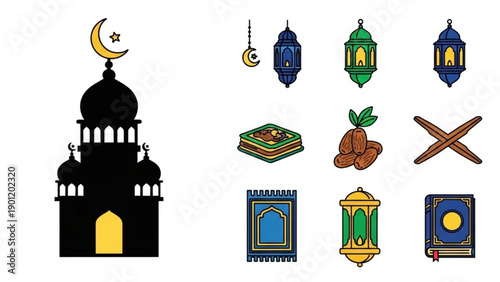 Ramadan kareem islamic symbols and icons set with mosque lanterns dates quran and crescent moon on white background