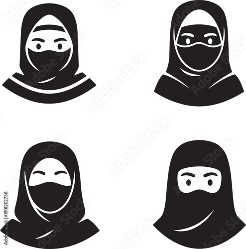 Diverse Muslim Women's Faces with Veils and Masks in Various Styles and Expressions