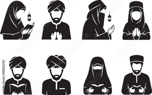 Group of people wearing traditional clothing and praying from different viewpoints