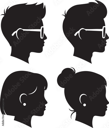 Silhouettes of four individuals with distinct hairstyles and eyewear, showcasing diversity in a simple, monochromatic illustration