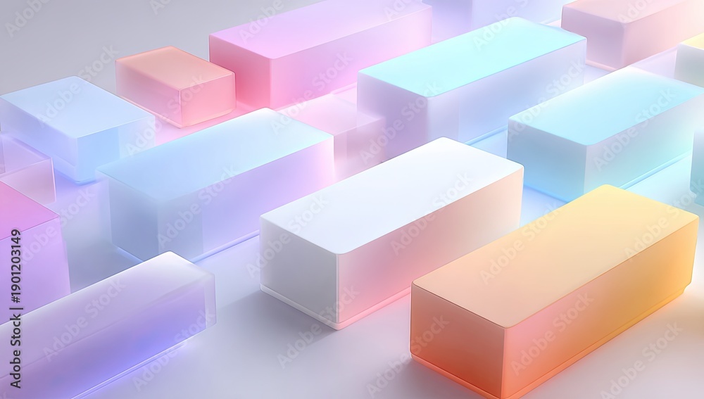 Fototapeta premium Pastel colored translucent rectangular prisms in a grid-like pattern, illuminated gently