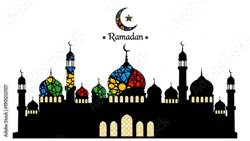 Ramadan mosque silhouette with colorful stained glass domes and crescent moon