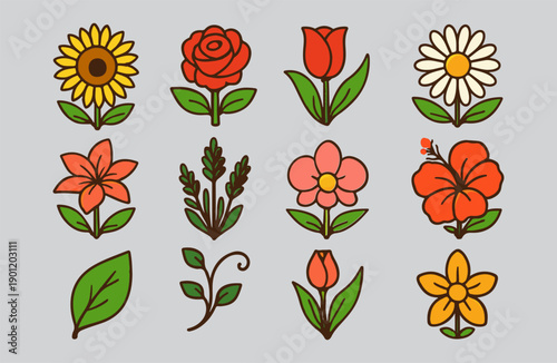 Hand Drawn Cute Floral Icon Set Colorful Flowers and Leaves Vector Illustration