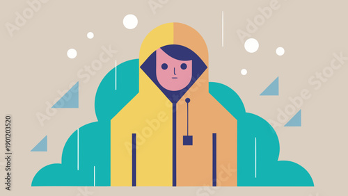 Illustration of a person wearing a yellow raincoat standing in front of stylized clouds with raindrops falling, showcasing a weather-themed design