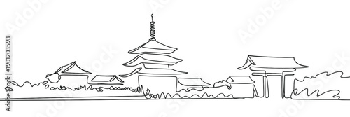 Minimalist line drawing of a traditional asian temple with surrounding structures