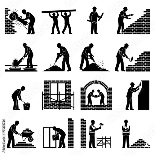 Illustrated collection of various construction and masonry activities by workers