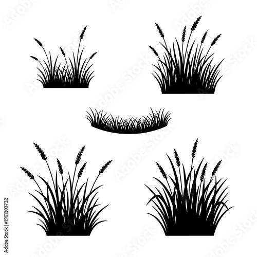 Silhouettes of grass clumps in various shapes and sizes arranged in a grid pattern