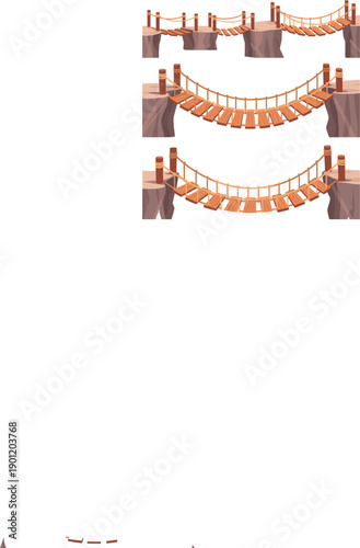Vector illustrations of wooden rope bridges hanging between cliffs for adventure travel and outdoor exploration concepts।