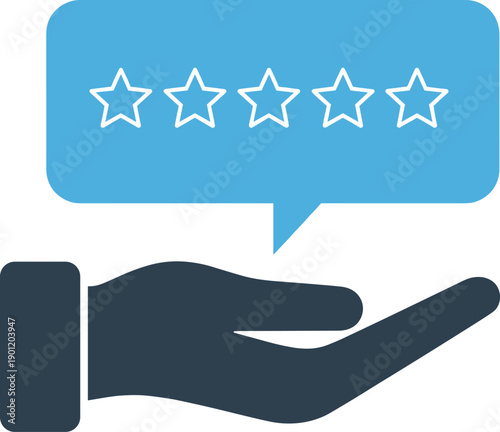 Customer feedback icon with hand holding a speech bubble and five star rating for quality service and reputation management