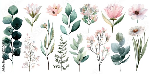 Watercolor illustrations of various flowers and foliage in soft hues, isolated on white