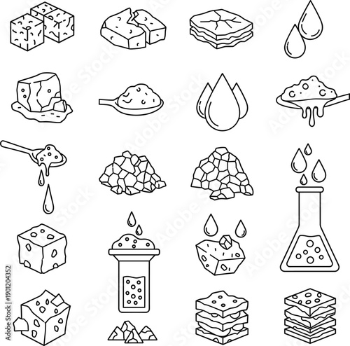 Black and white line art icons of sugar cubes salt crystals liquid drops and laboratory flask for science and culinary concepts।