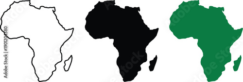 Africa, Continent Map, Thin Black Outline and Solid Black Filled Versions on White Background