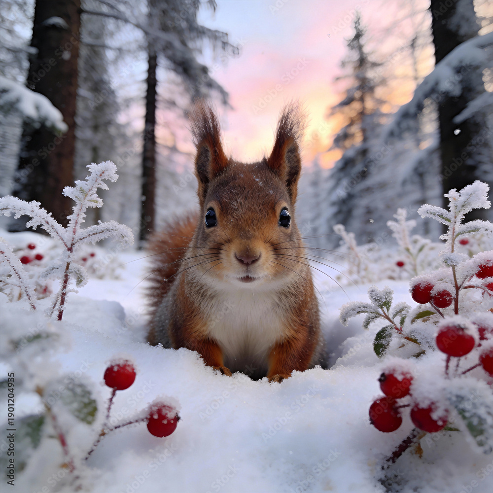 Fototapeta premium A Charming Red Squirrel with Bushy Ears Observes Its Snowy Forest Habitat Amidst Frosted Berries at Sunrise.