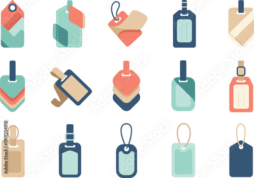 Vector illustrations of colorful price tags and luggage labels for retail branding and travel identification concepts।