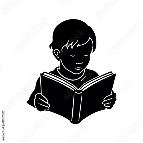 A young child engrossed in reading an open book with curiosity and focus