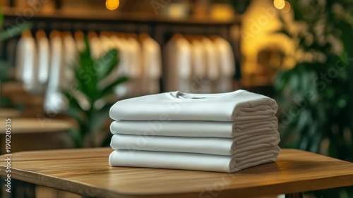 Wallpaper Mural Clean white shirts stacked on a table in a clothing store showing simple display and organized layout Torontodigital.ca