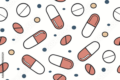A vector graphic illustration of various pills and capsules on a white background