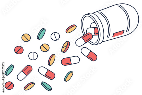 A vector graphic illustration of a bottle spilling colorful pills and capsules on a white background