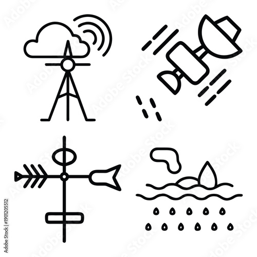 Minimalist Monochrome Line Art Icon Set Featuring Weather Station Antenna, Orbiting Satellite, Wind Vane Directional Tool, and Soil Irrigation System Collage