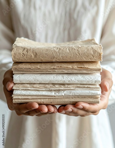 Person holding stack of textured handmade papers in neutral tones with white linen shirt background soft natural light