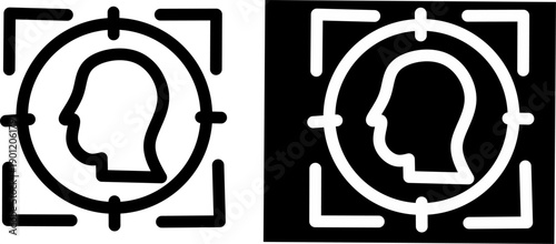Hand-drawn human profile target icon with focus frame, black and white sketch style illustrating user identification, face recognition, targeting, and personalization concept.