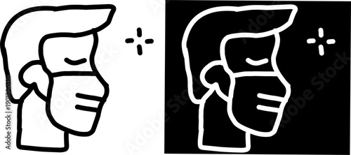 Minimal man wearing face mask icon in black and white, positive and negative versions side by side, ideal for healthcare, safety, hygiene, and pandemic design.