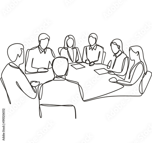 A simple line drawing depicts a group of people seated around a conference table