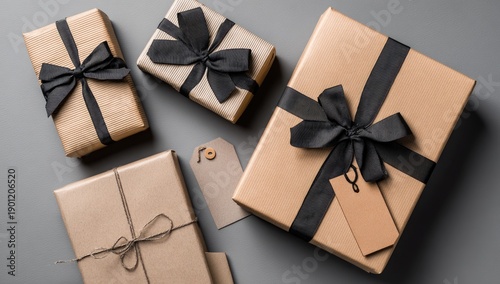 Overhead shot of several wrapped presents with black ribbon on a gray surface