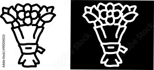 Minimal bouquet icon in black and white featuring wrapped flowers. Clean line design ideal for apps, logos, UI, web graphics, weddings, and gift themes.
