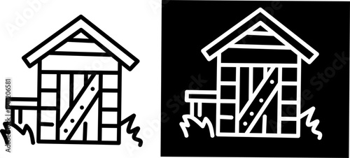 Minimal hut icon in black and white showing a simple wooden house outline. Flat line design suitable for apps, logos, UI, web, and signage.