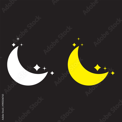 Crescent Moon and Star Icon Set, Solid Black Glyph Lunar Symbols with Sparkle Variations Isolated on White for Night, Ramadan and Celestial Design.