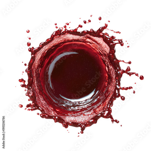 Overhead view of a rich red liquid splash creating a ring of droplets on a dark background