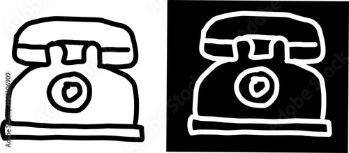 Minimal telephone icon in black and white, vintage landline phone illustration with light and dark background versions, clean outline vector design.